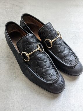 Gucci Black Leather Horsebit Loafers - Designer Embossed Men 9 42 Monogram